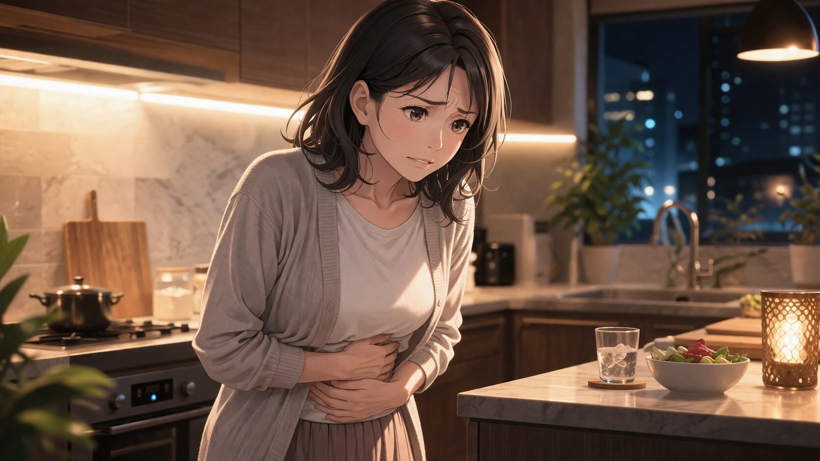 夜のキッチンで心配そうな女性