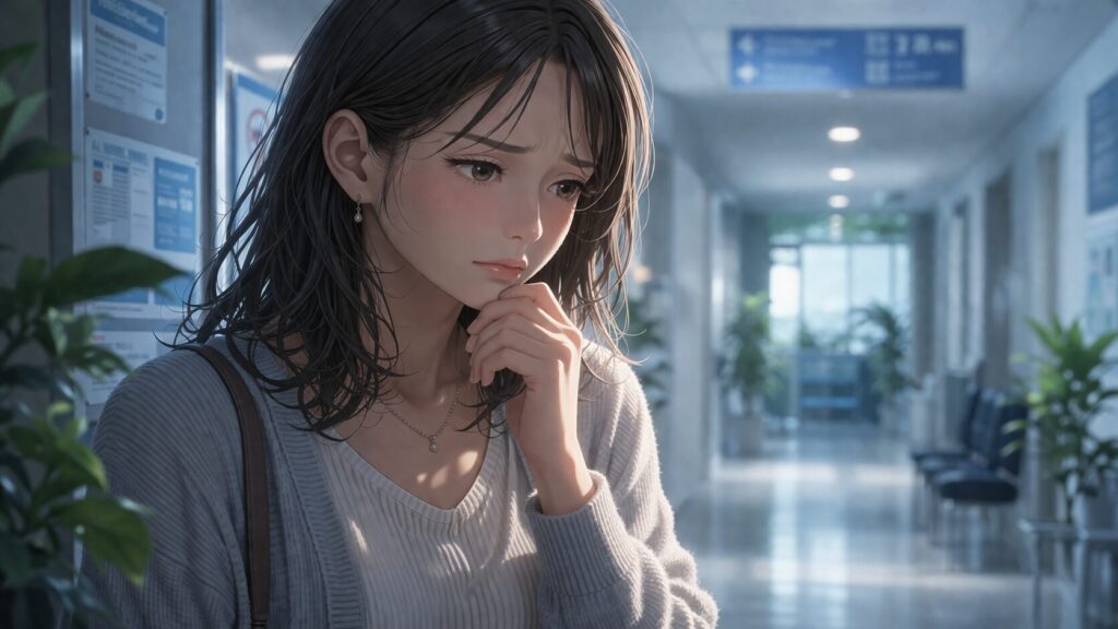 考え込む女性と静かな廊下