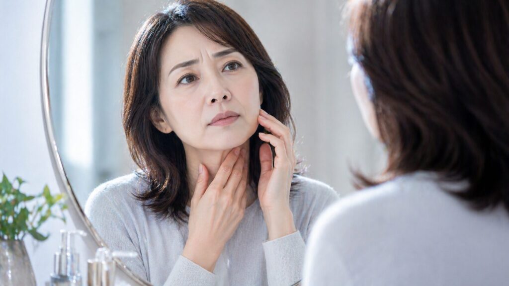 鏡の前で自分を見つめる女性