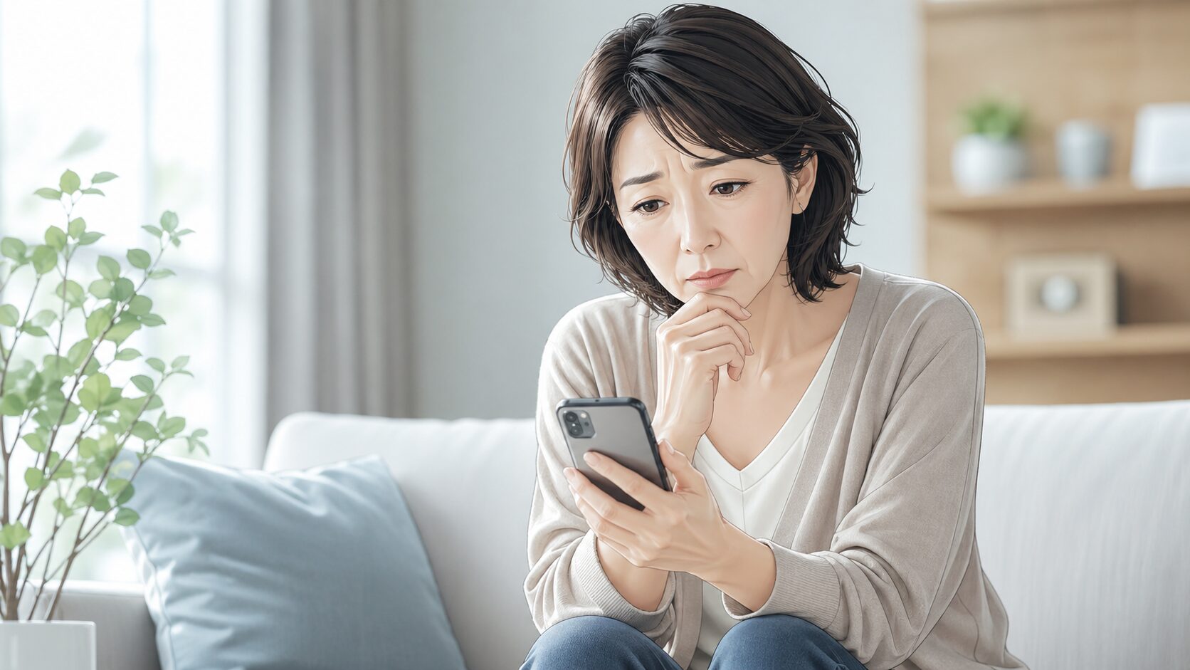 部屋で考え込む女性