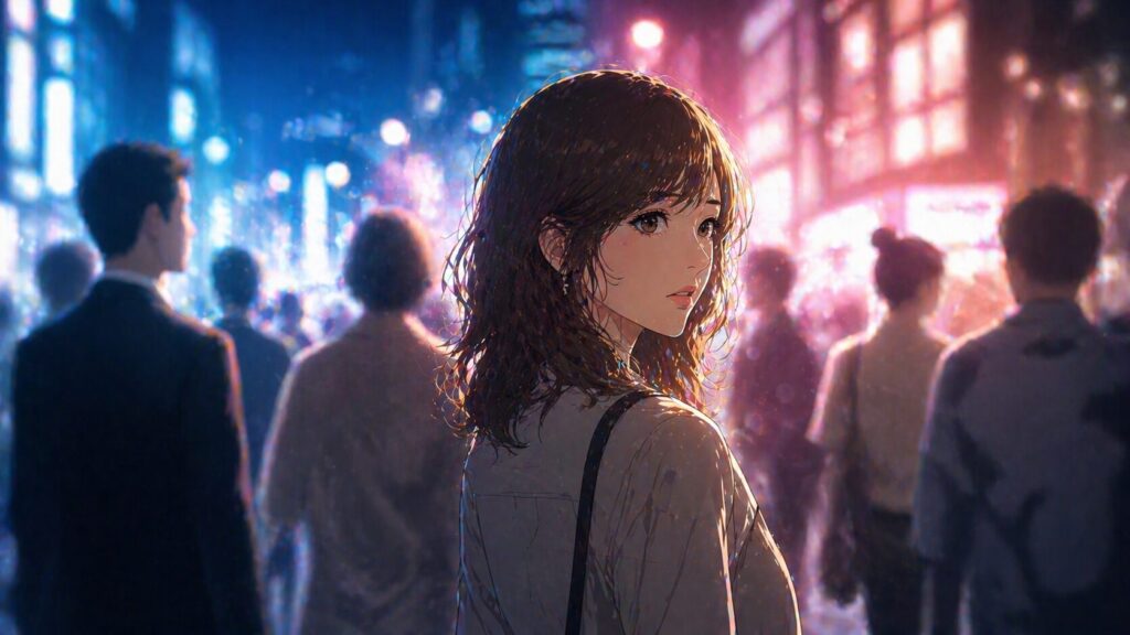 夜の街並みとコートの女性