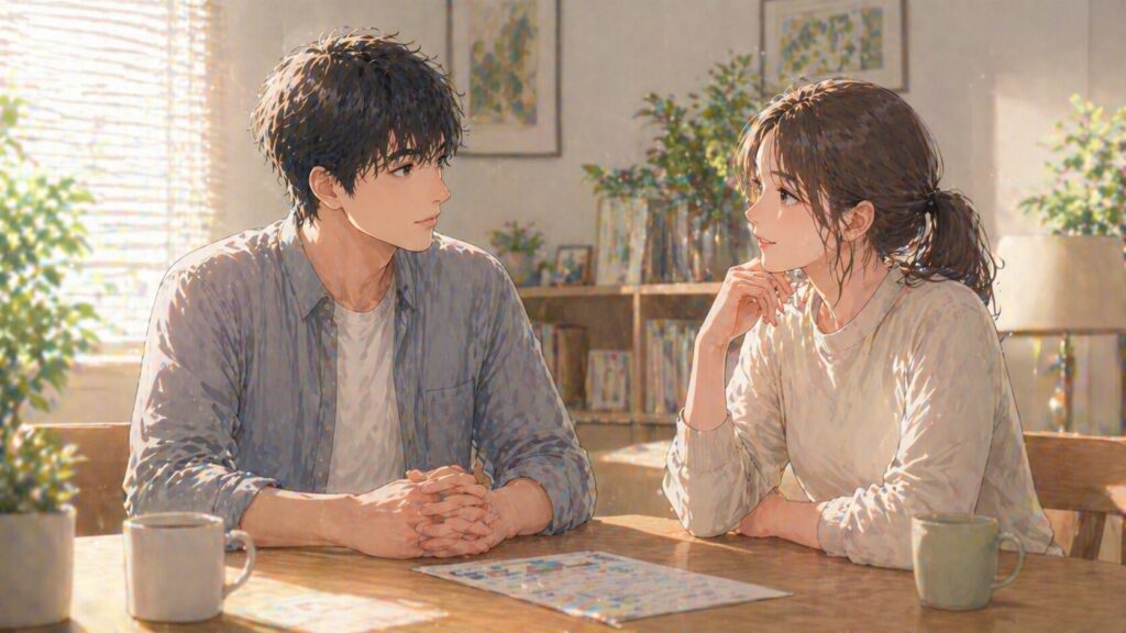 温かな光の中で語らう二人