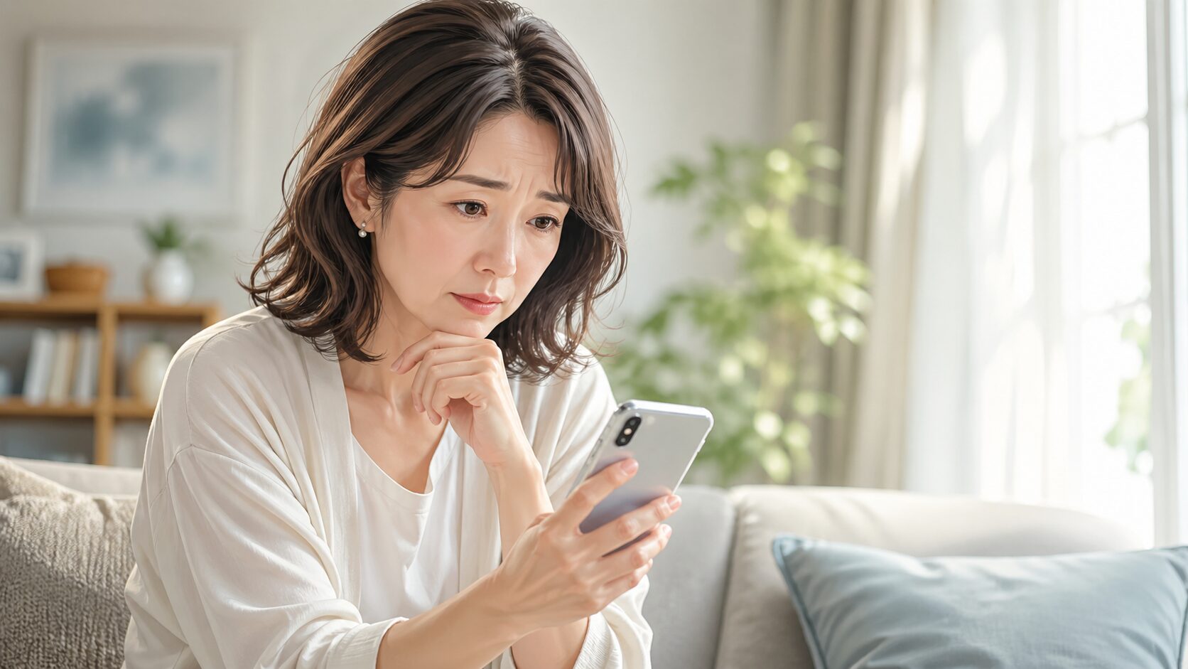 静かな部屋で考え込む女性