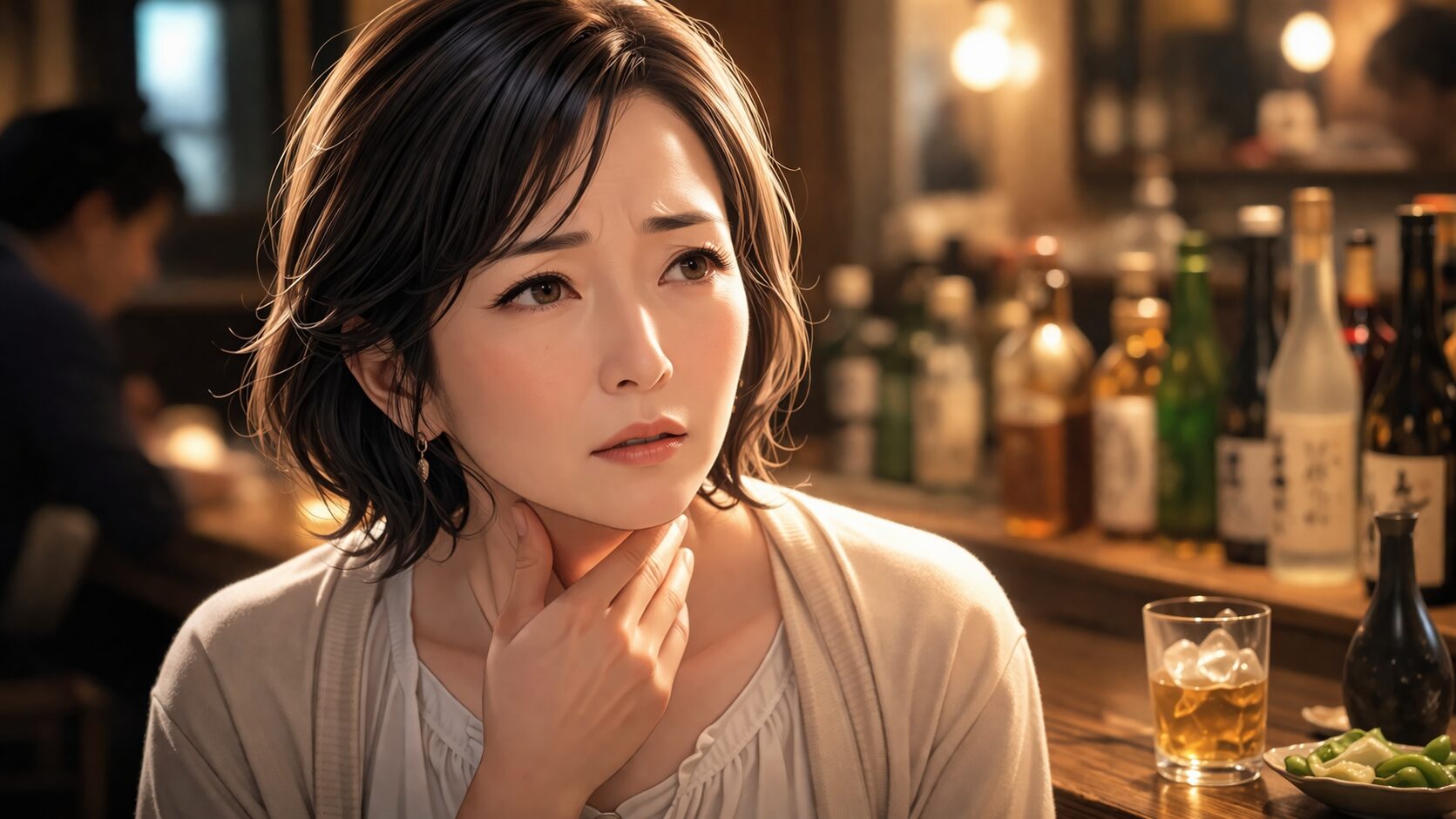 暖かなバーで不安そうな女性