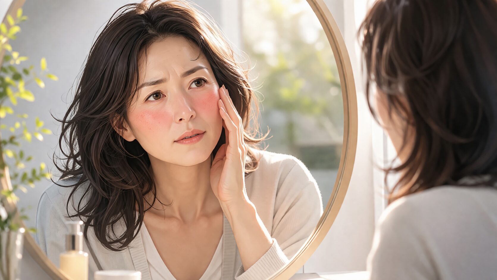 鏡の前で考え込む女性