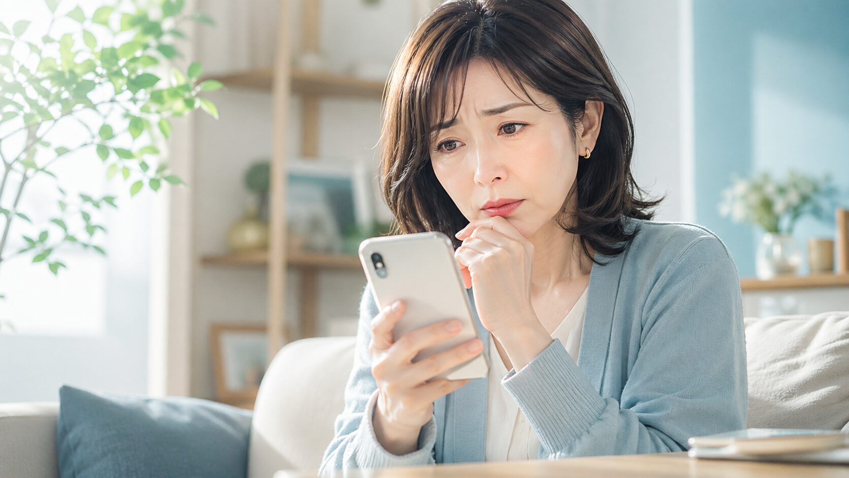 考え込む女性とスマホ