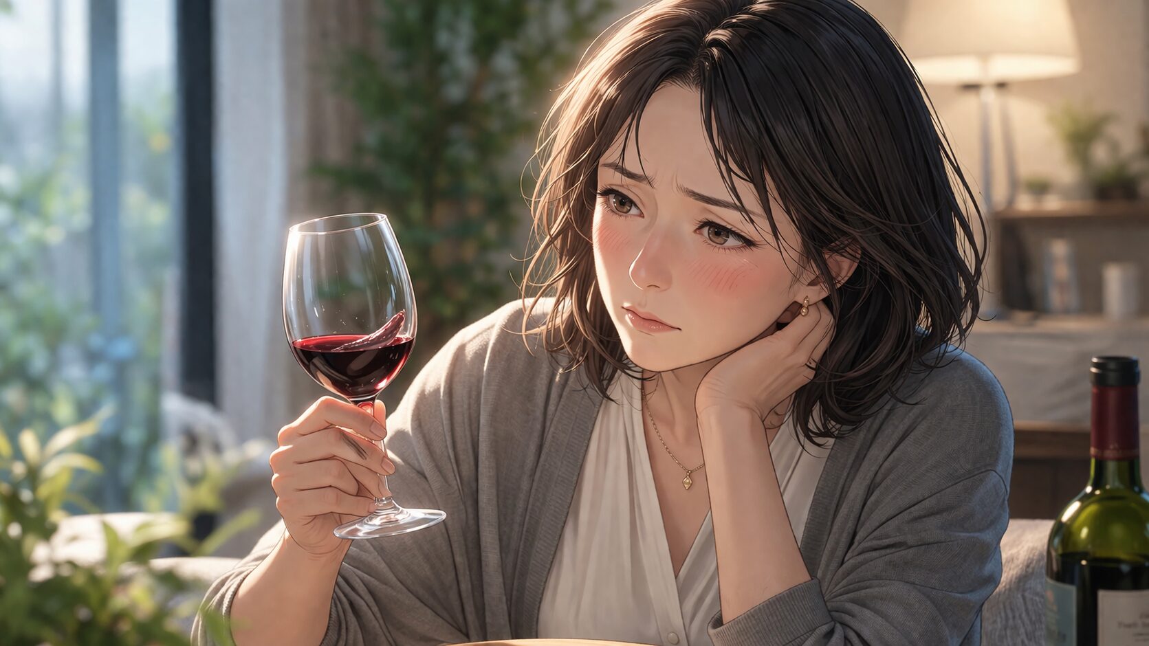 心配そうな女性とワイン