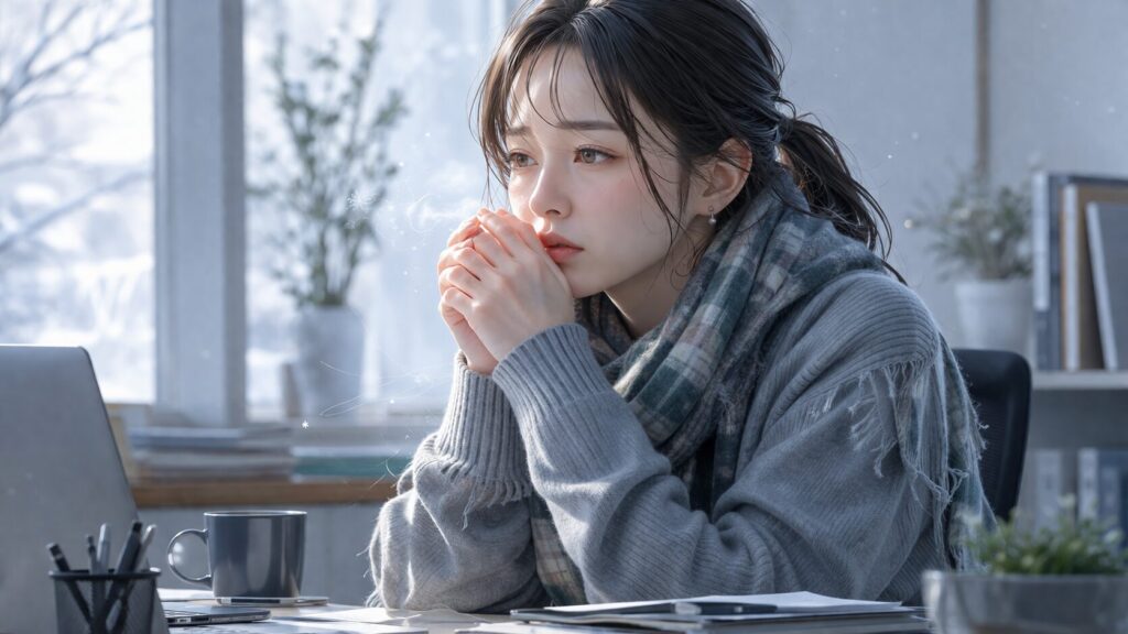 冬の日のオフィスで考え込む女性