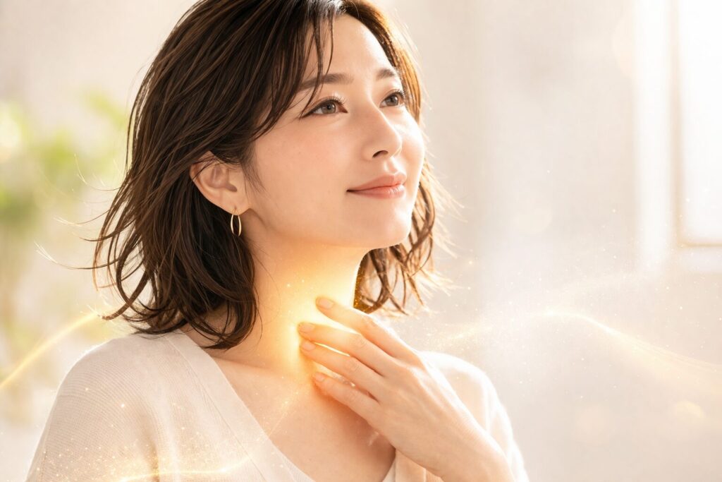 輝く光の中で微笑む女性