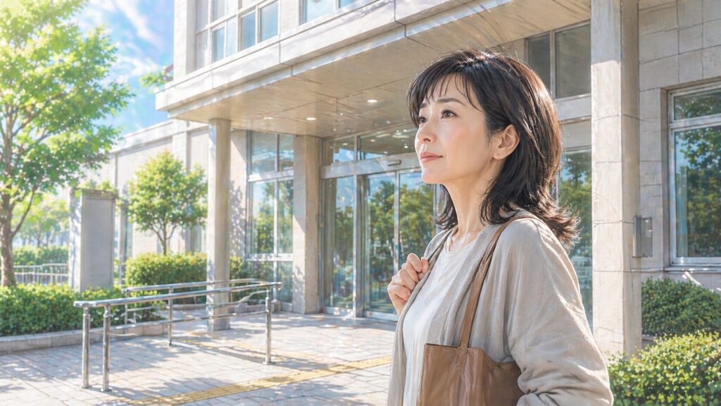 明るい日差しの中で考え込む女性