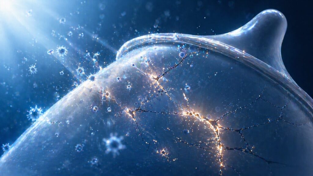 破裂した膜と光る粒子