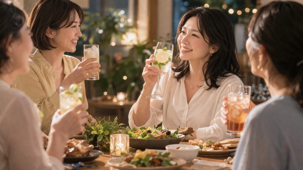 楽しい夜の乾杯と食事