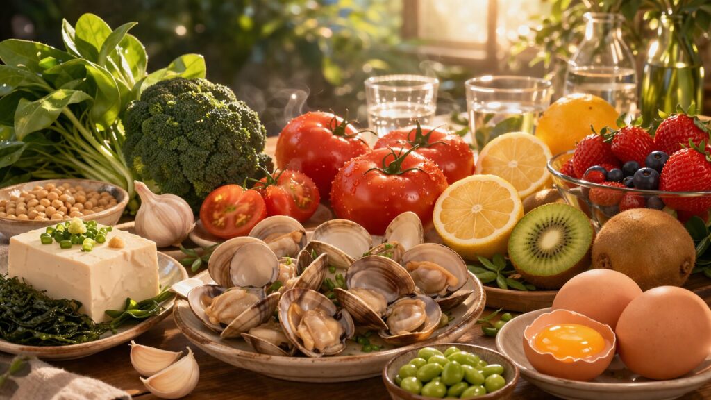 明るいキッチンの食材の盛り合わせ