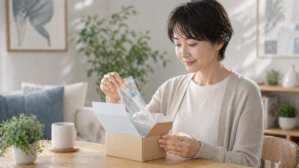 穏やかな光の中で開封する女性