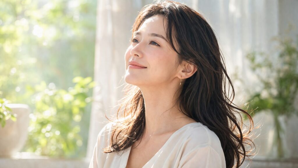自然光の中で微笑む女性