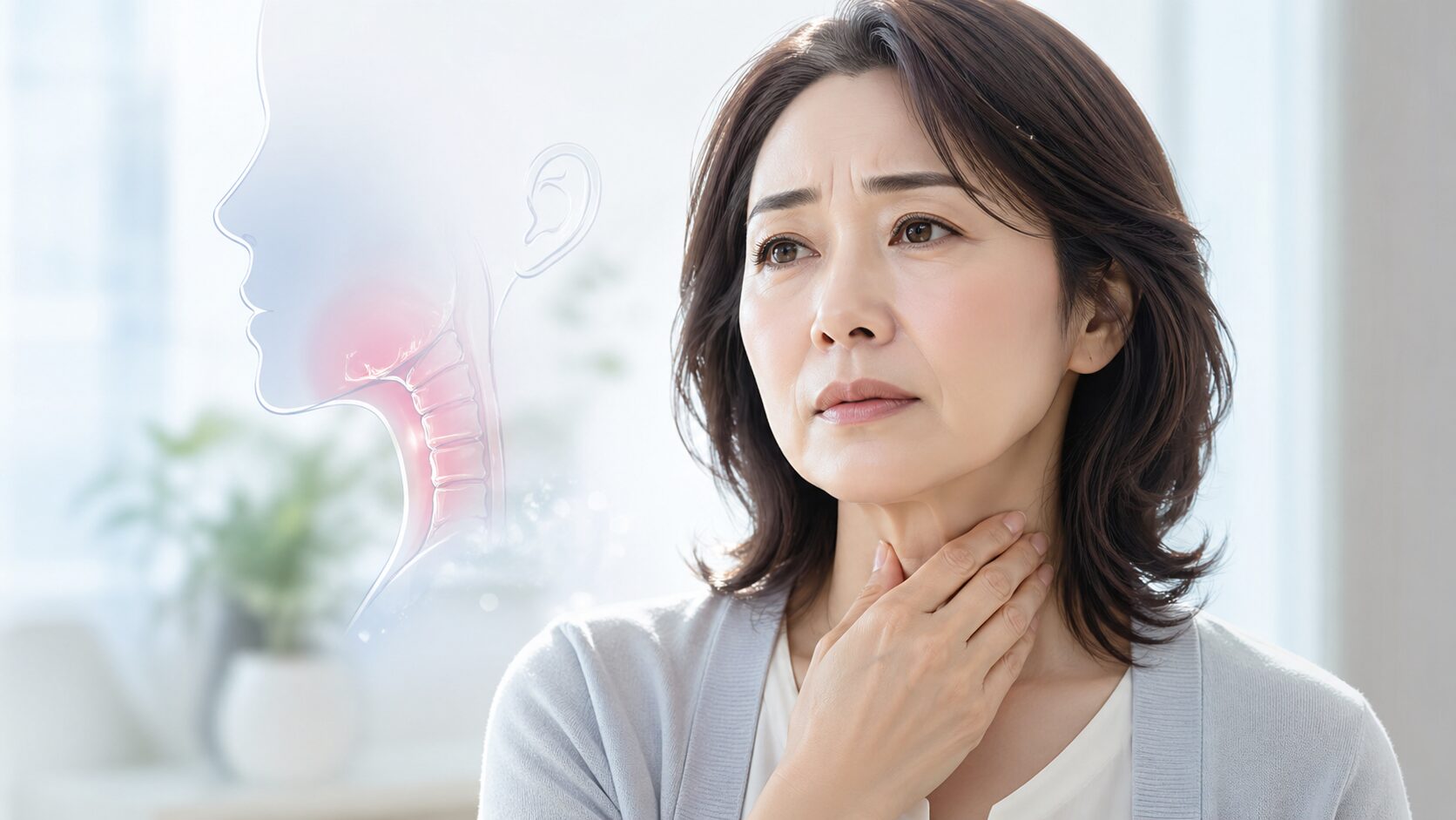 心配そうな女性と健康的なイラスト