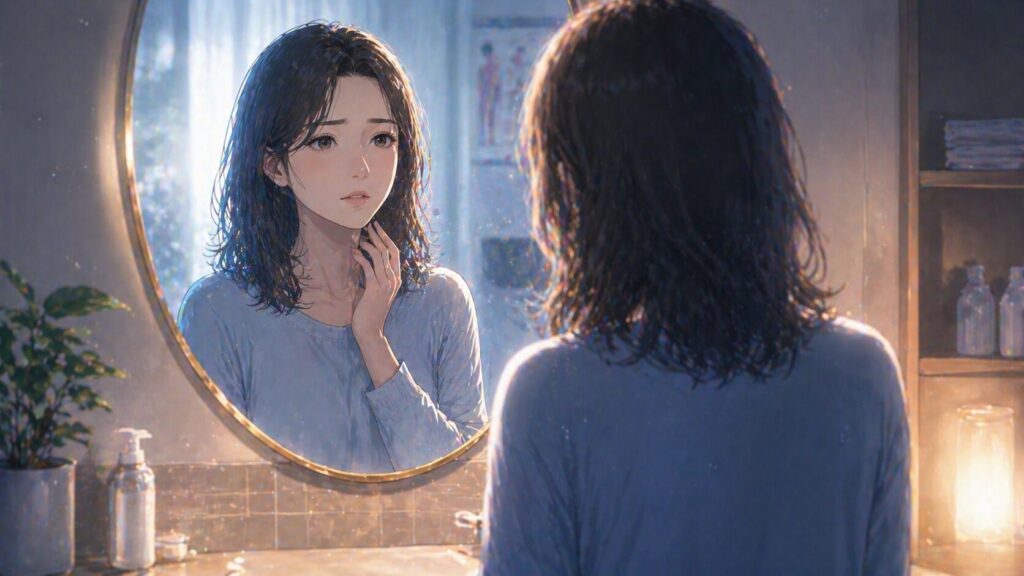 鏡の前で考え込む女性