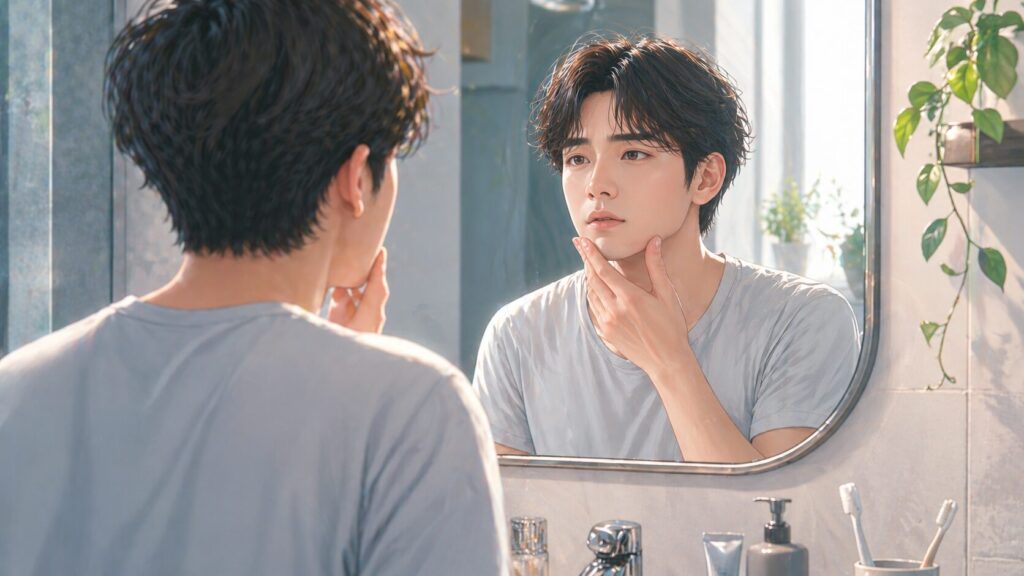 鏡の前で自分を見つめる朝