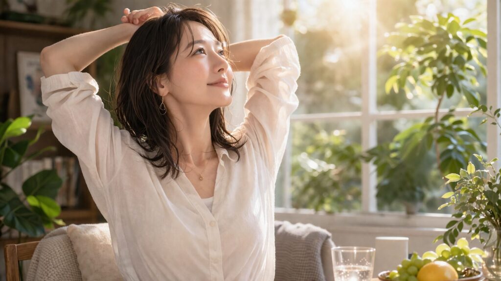 日差しを浴びるリラックスした女性