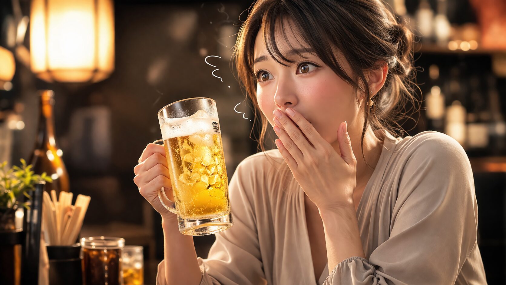 驚いた表情のバーでのひととき