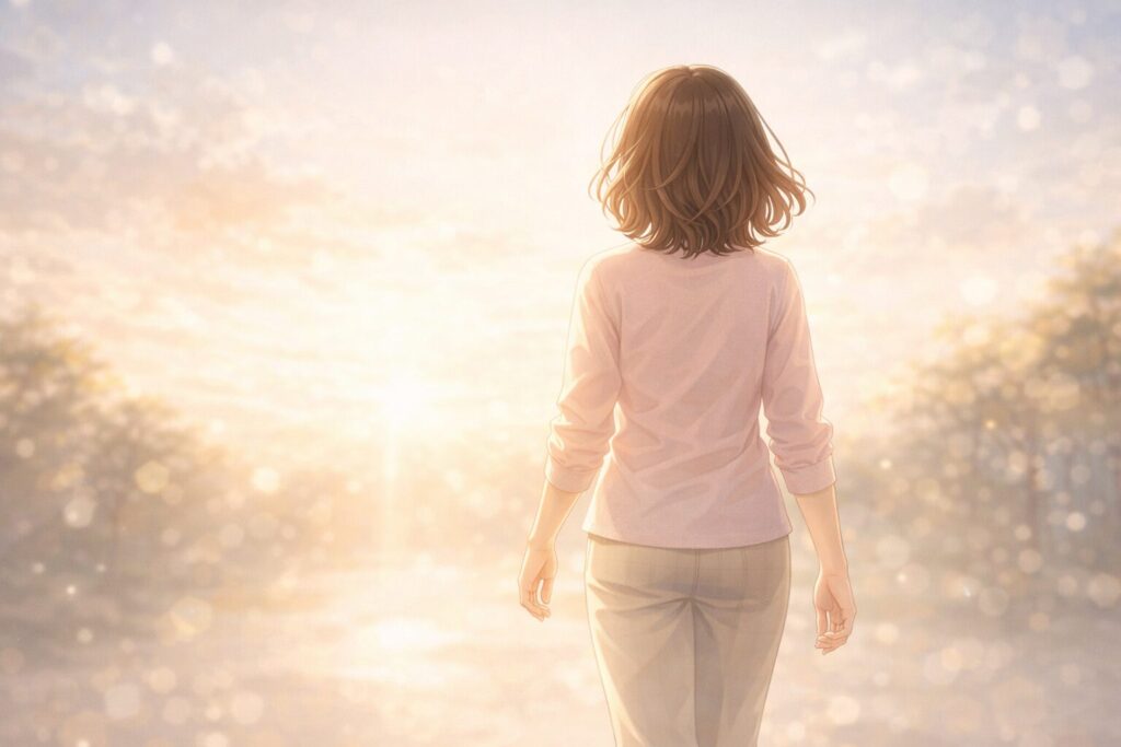 光の中を歩む女性