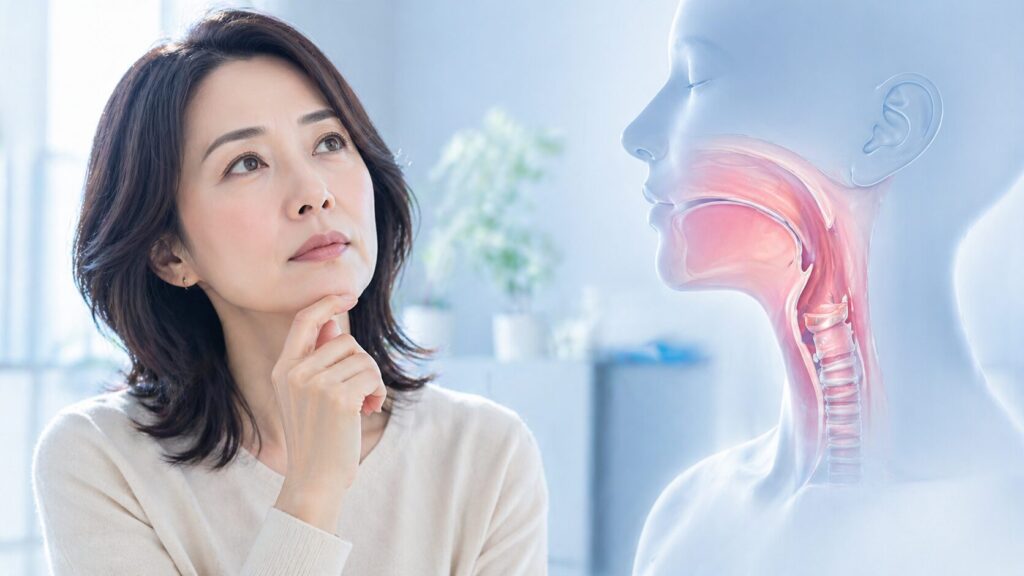 思索する女性と解剖学的イラスト