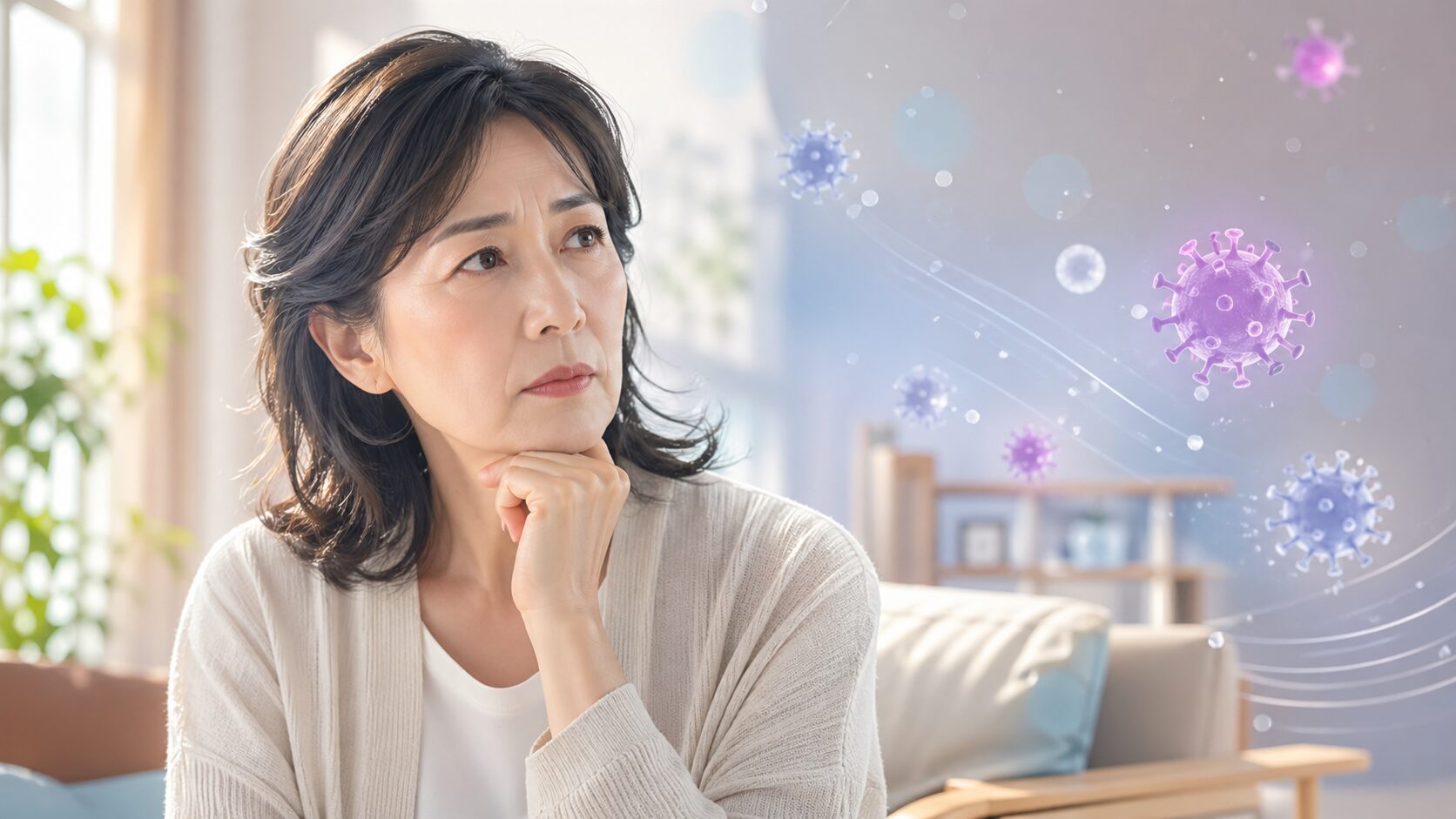 考える女性とウイルスの影響