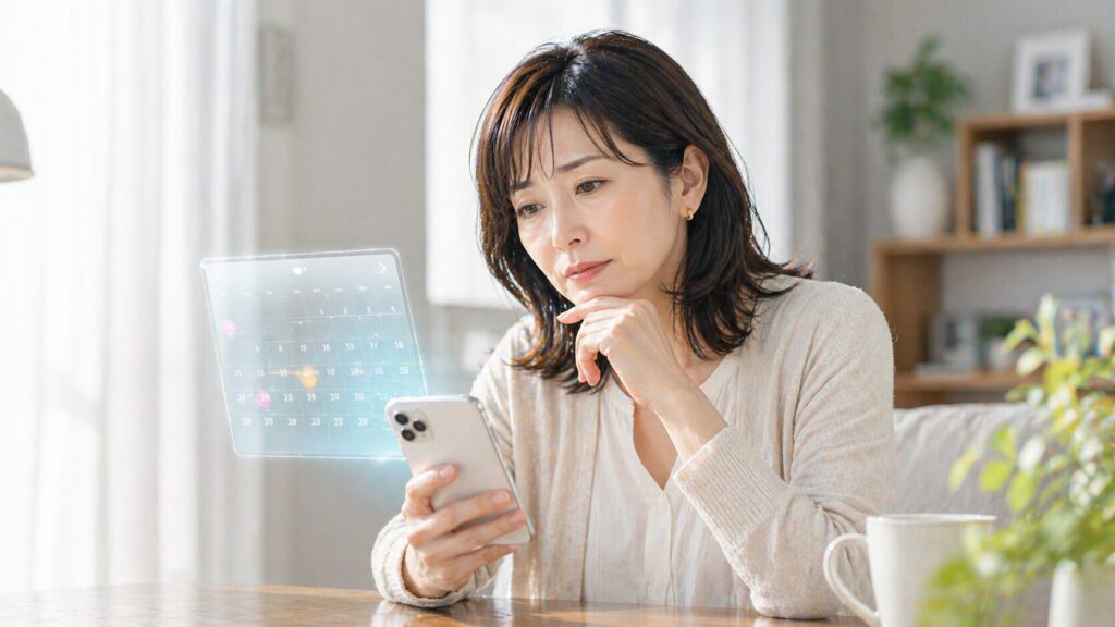 静かに考える女性と未来的カレンダー