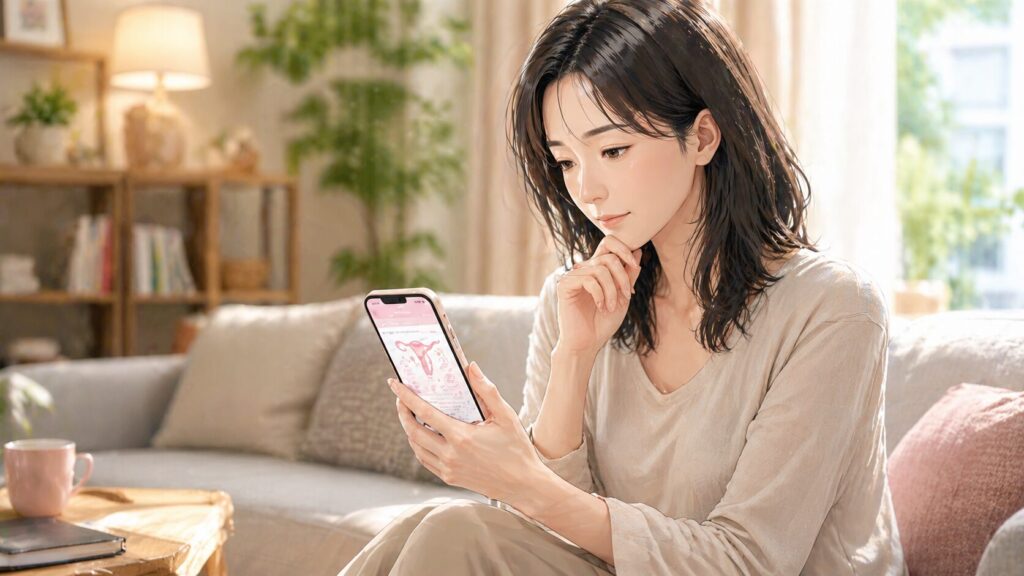 リビングで健康情報を読む女性
