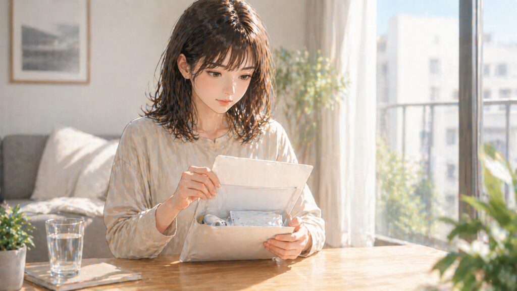 日差しの中で小包を開ける女性