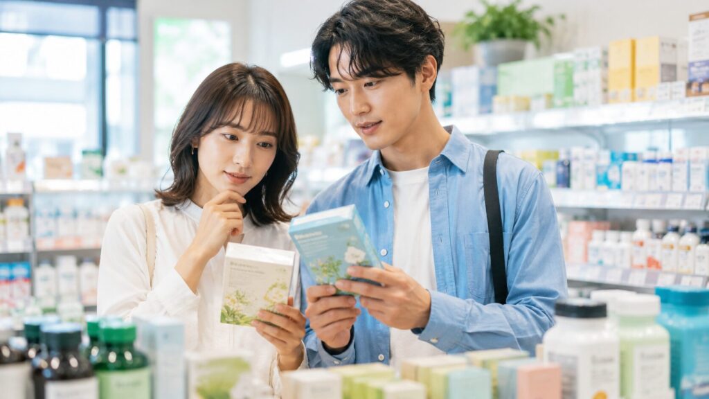 薬局で商品を比較する二人