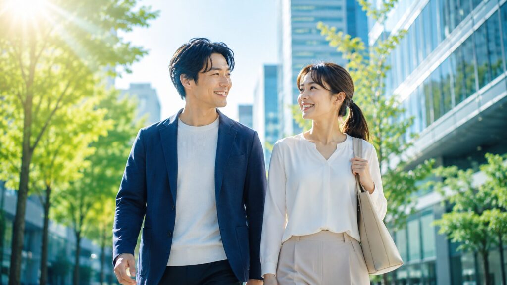 明るい都市の街並みで歩くカップル