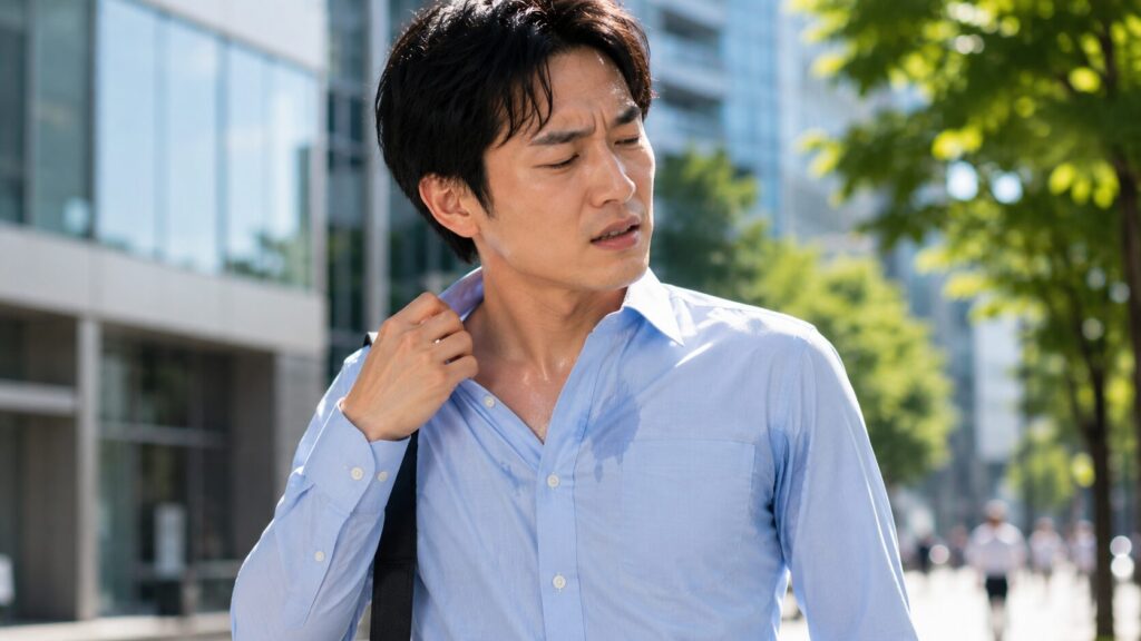 暑い街中で不快そうな男性
