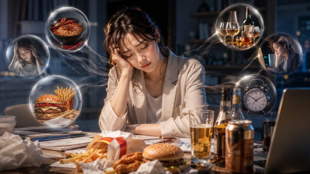 夜のオフィスでの疲れた瞬間