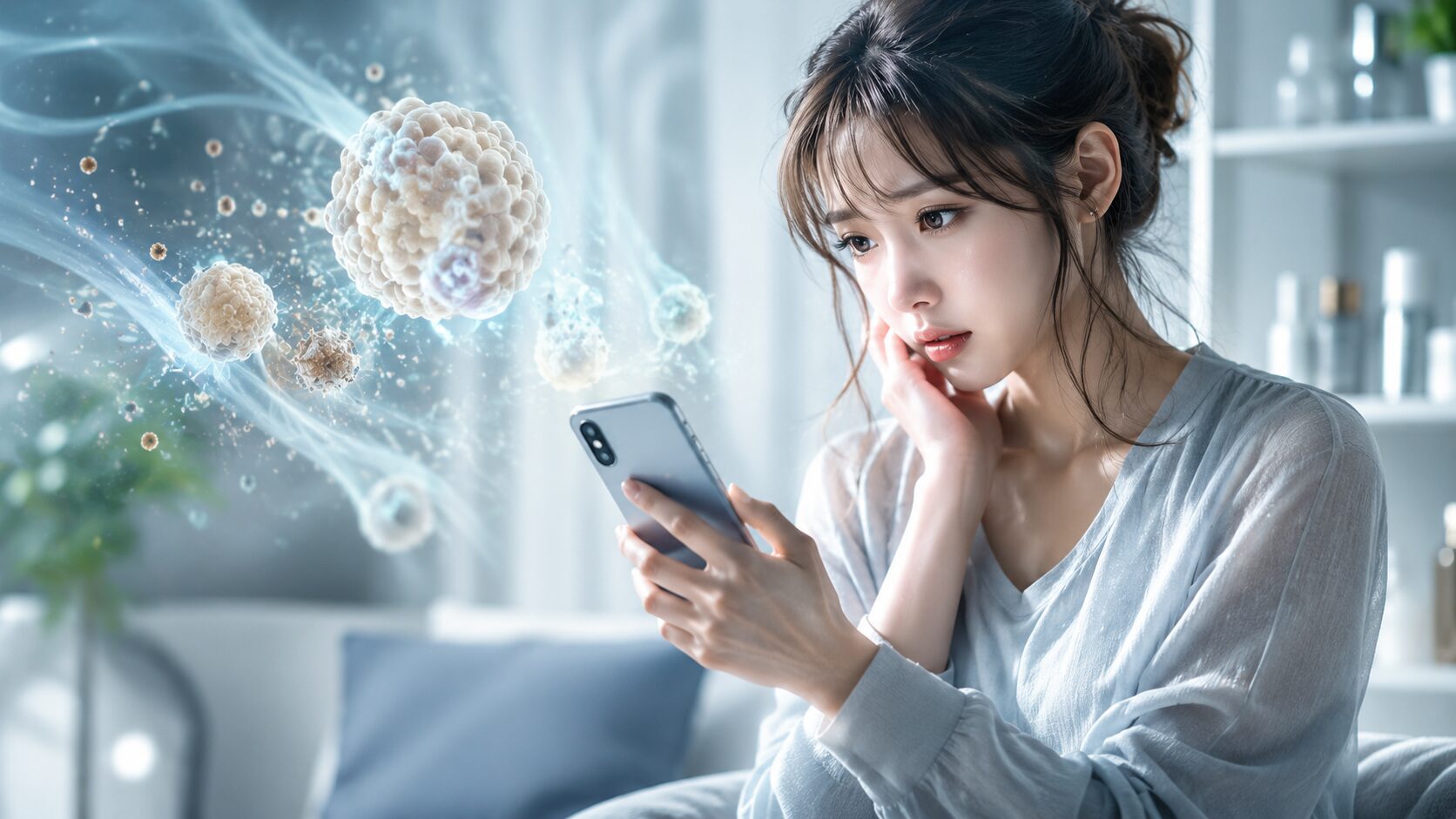 スマートフォンを持つ女性と粒子のハザード