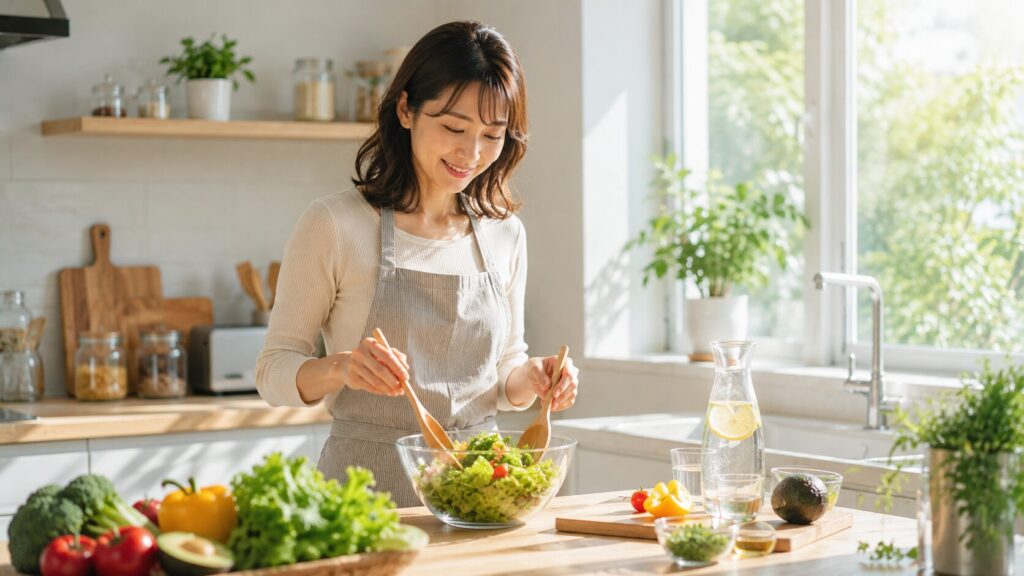 明るいキッチンでのサラダ準備