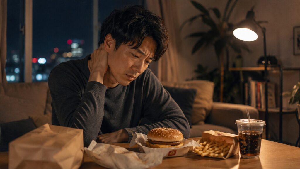 夜の食事と考え込む顔