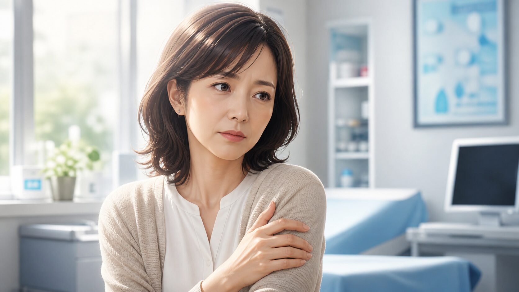 クリニックの診察室で考え込む女性