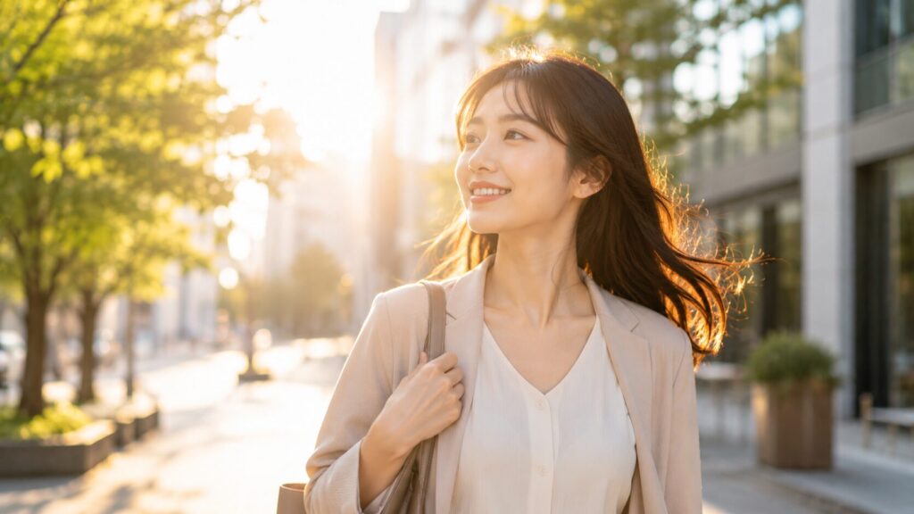夕日の街角で微笑む女性