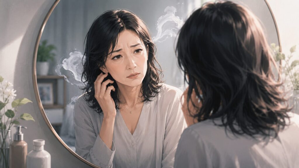 鏡の前で考え込む女性