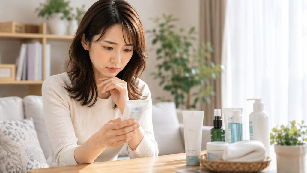 スキンケアアイテムを真剣に検討する女性
