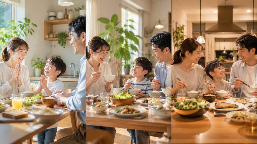 家族の温かな食卓の昼夜