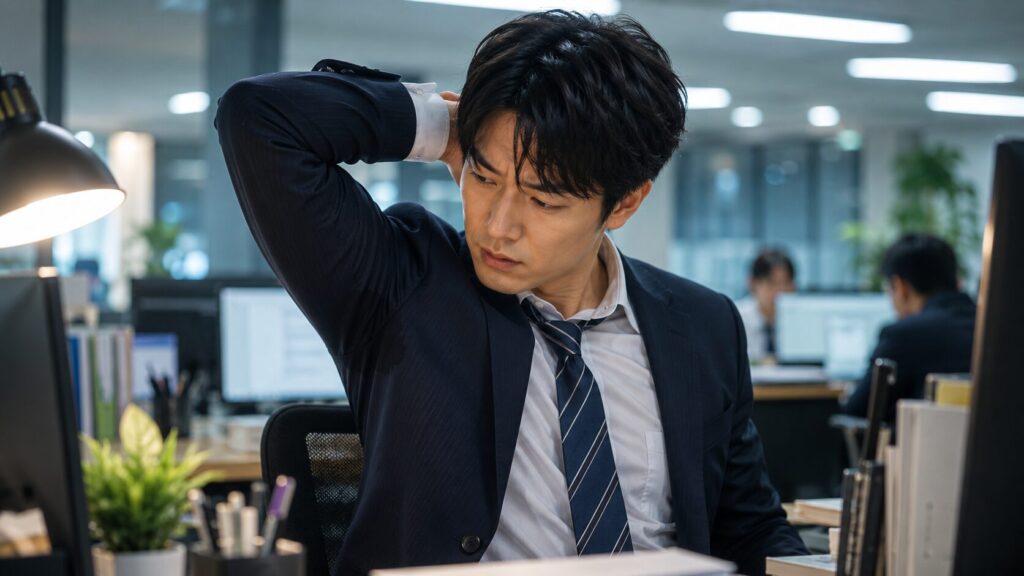 仕事中の不安げな表情の男性