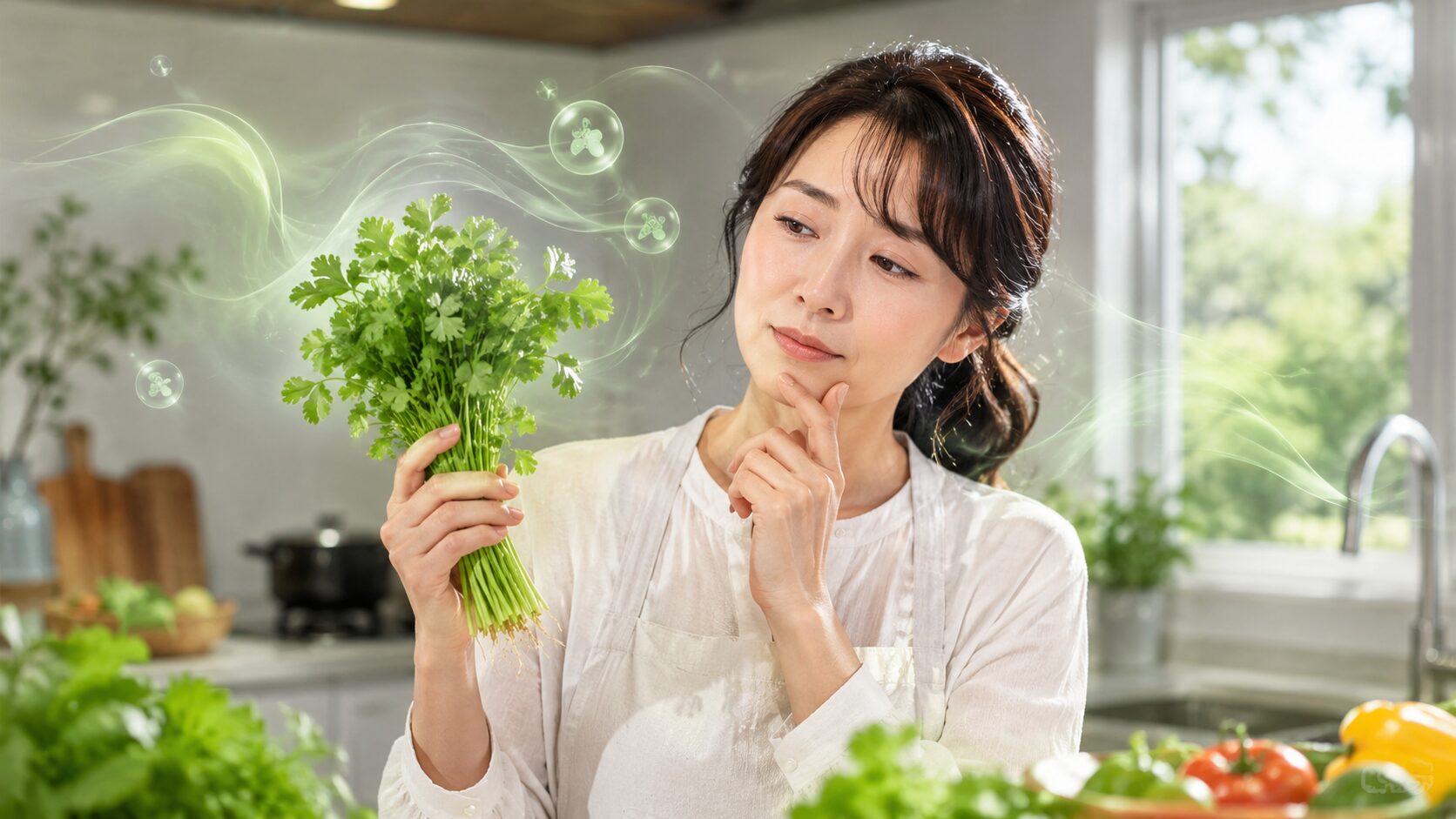 新鮮なハーブを手にした料理中の女性