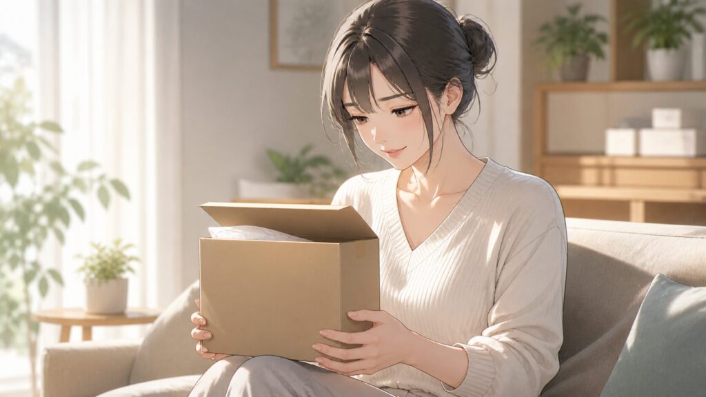 明るい部屋で荷物を開封
