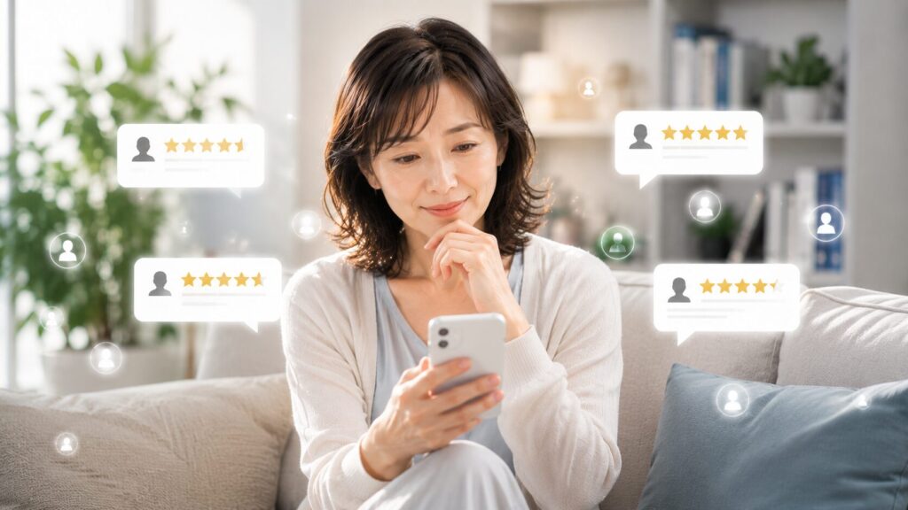 スマートフォンとレビューのある寛ぎの時間