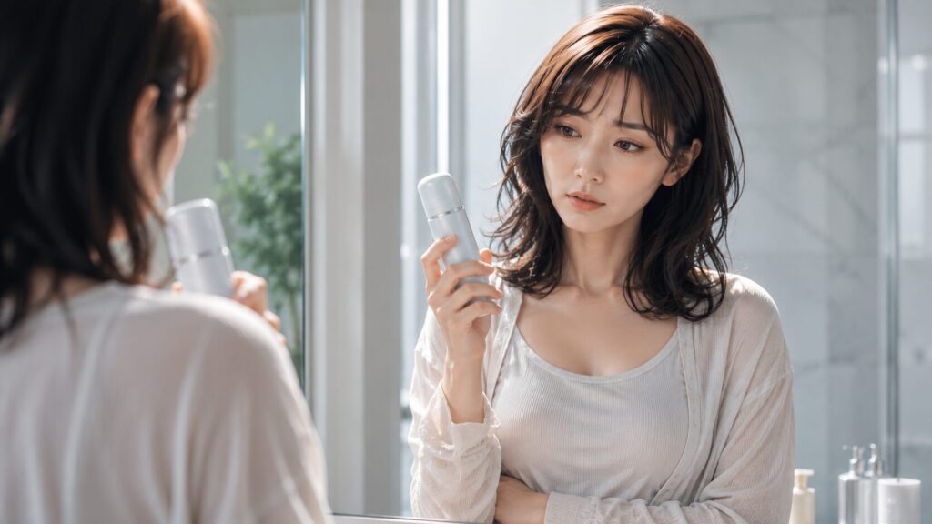 鏡の前で考える女性