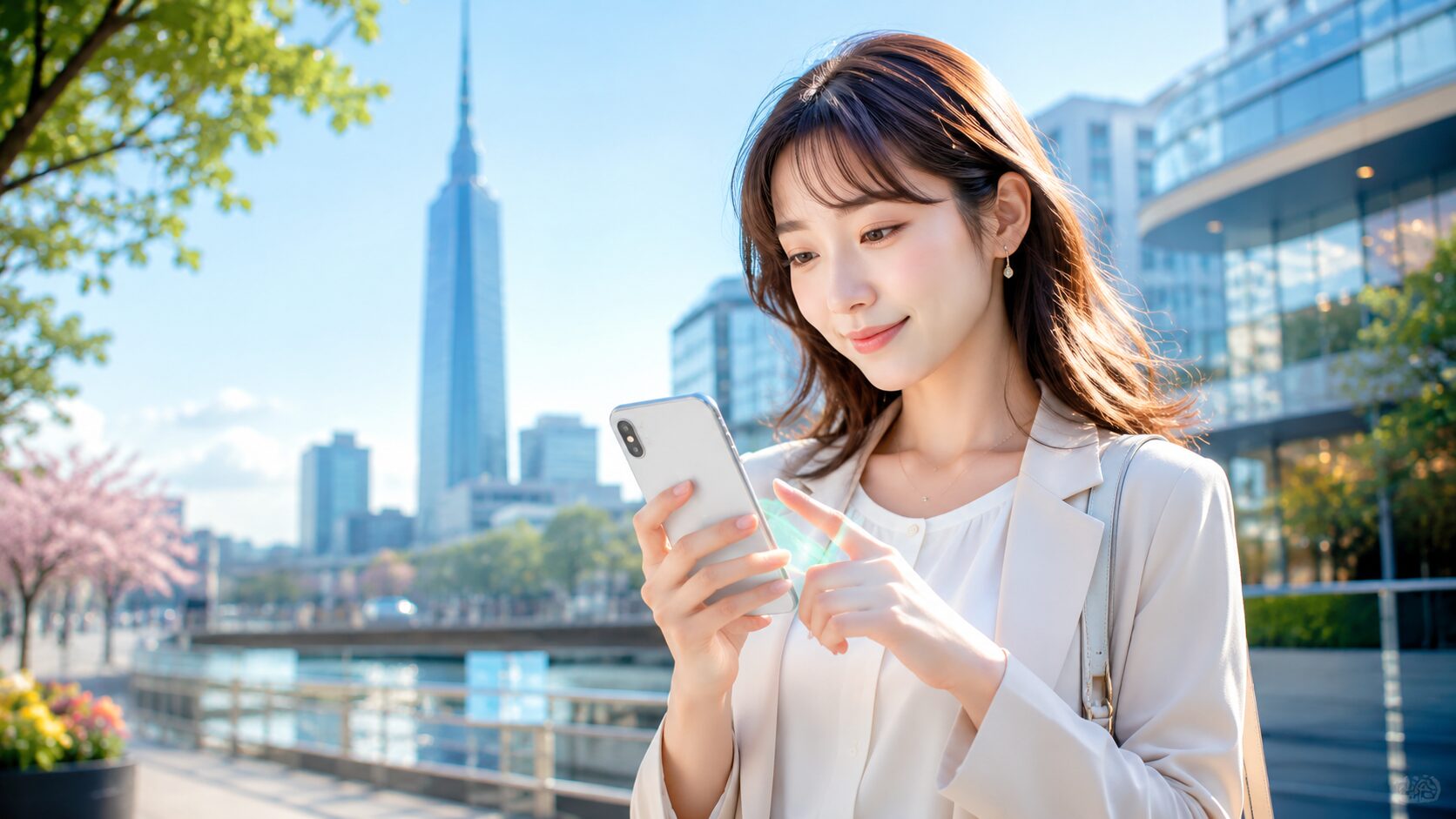 春の都市風景とスマートフォンの女性