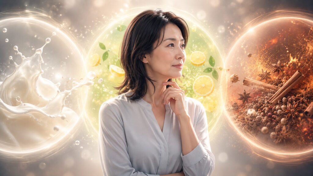 思索する女性と幻想的な要素