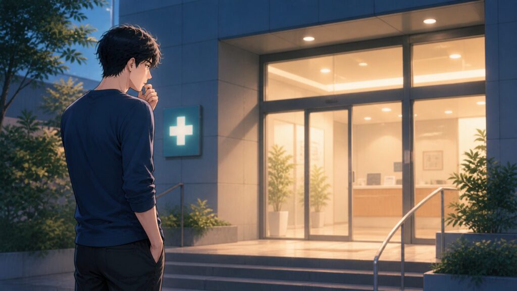 夕暮れ時のクリニック前の佇まい